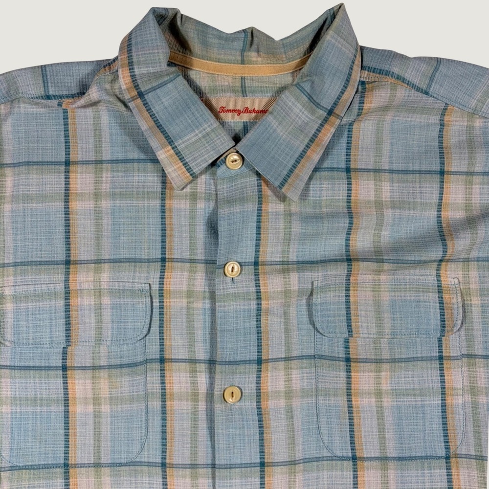 Tommy Bahama Button Down Shirt Mens 2XL Silk Plaid Short Sleeve Blue